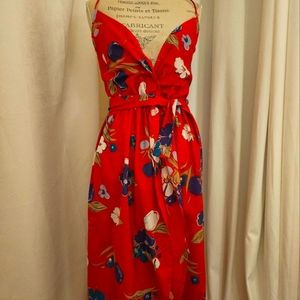 Vintage David Morris Wrap Halter Sundress Dress Red Floral 70s